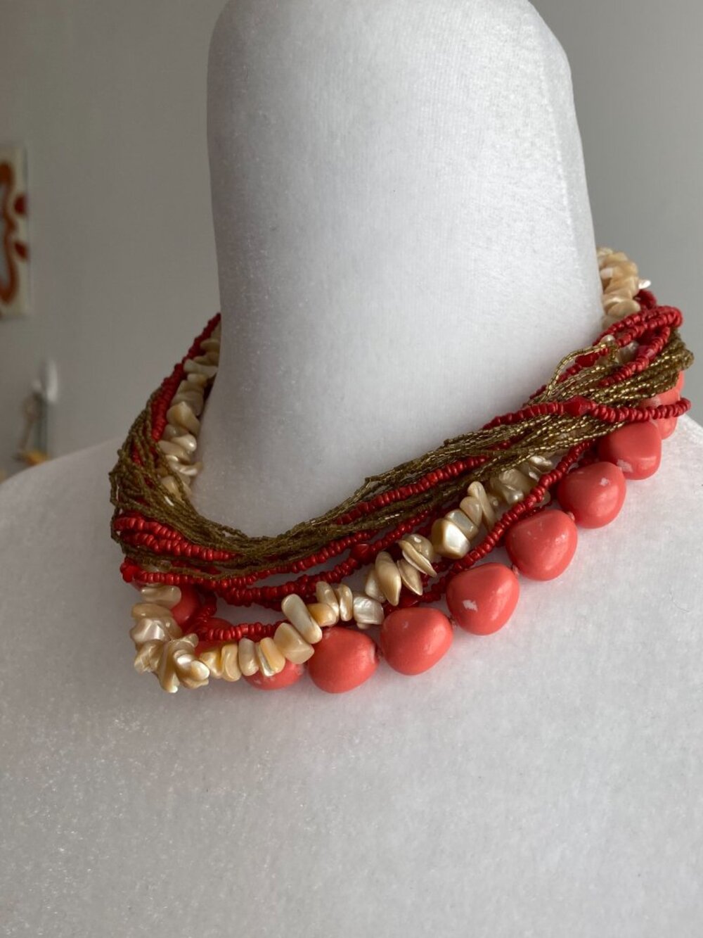 Vintage Chunky Coral Color Sea Shell Statement Necklace Boho Beach Summer - Picture 13 of 16